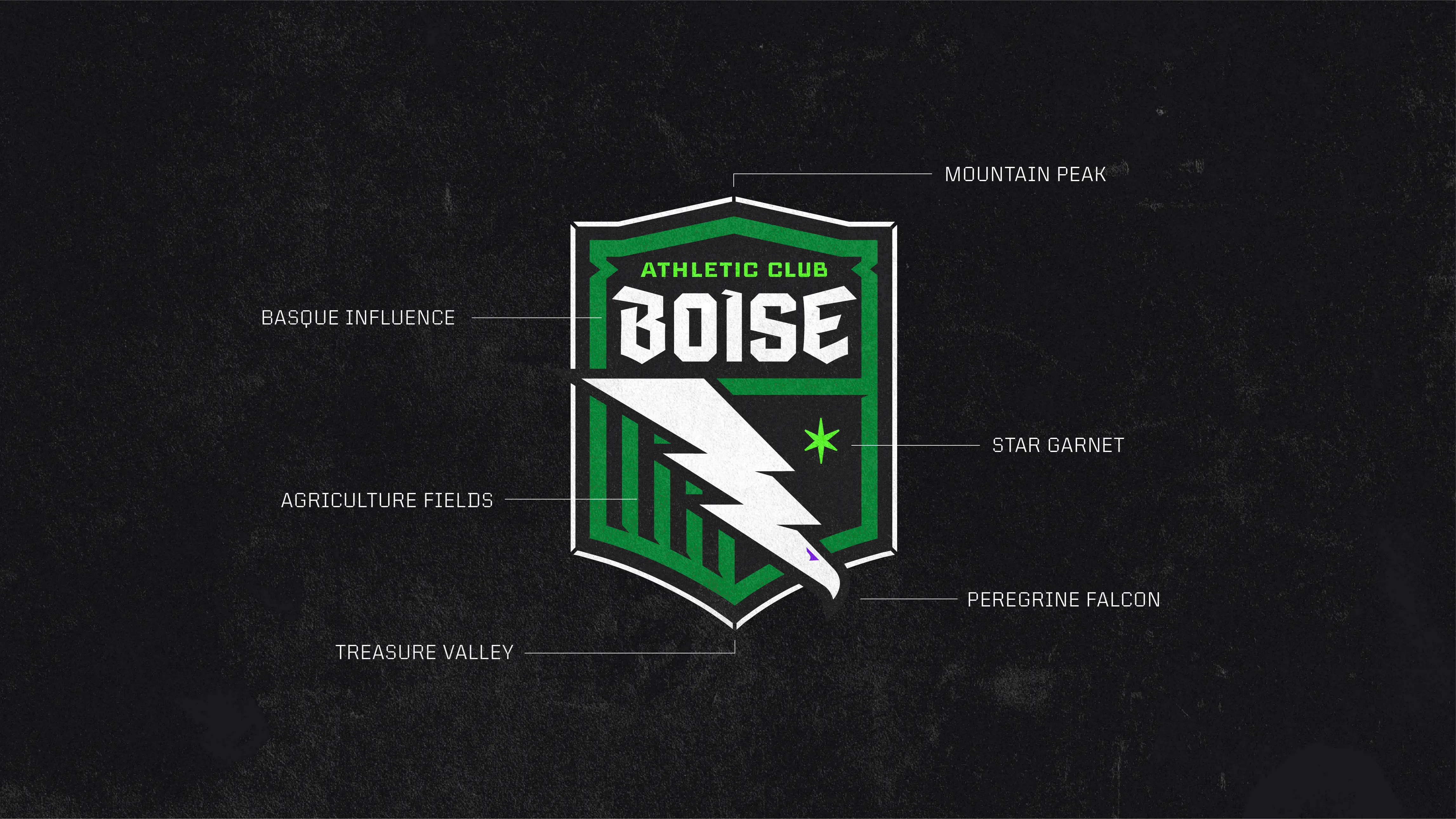 Annotated graphic of the Athletic Club Boise crest highlighting design inspirations including Basque influence, agriculture fields, Treasure Valley, mountain peak, star garnet, and peregrine falcon.