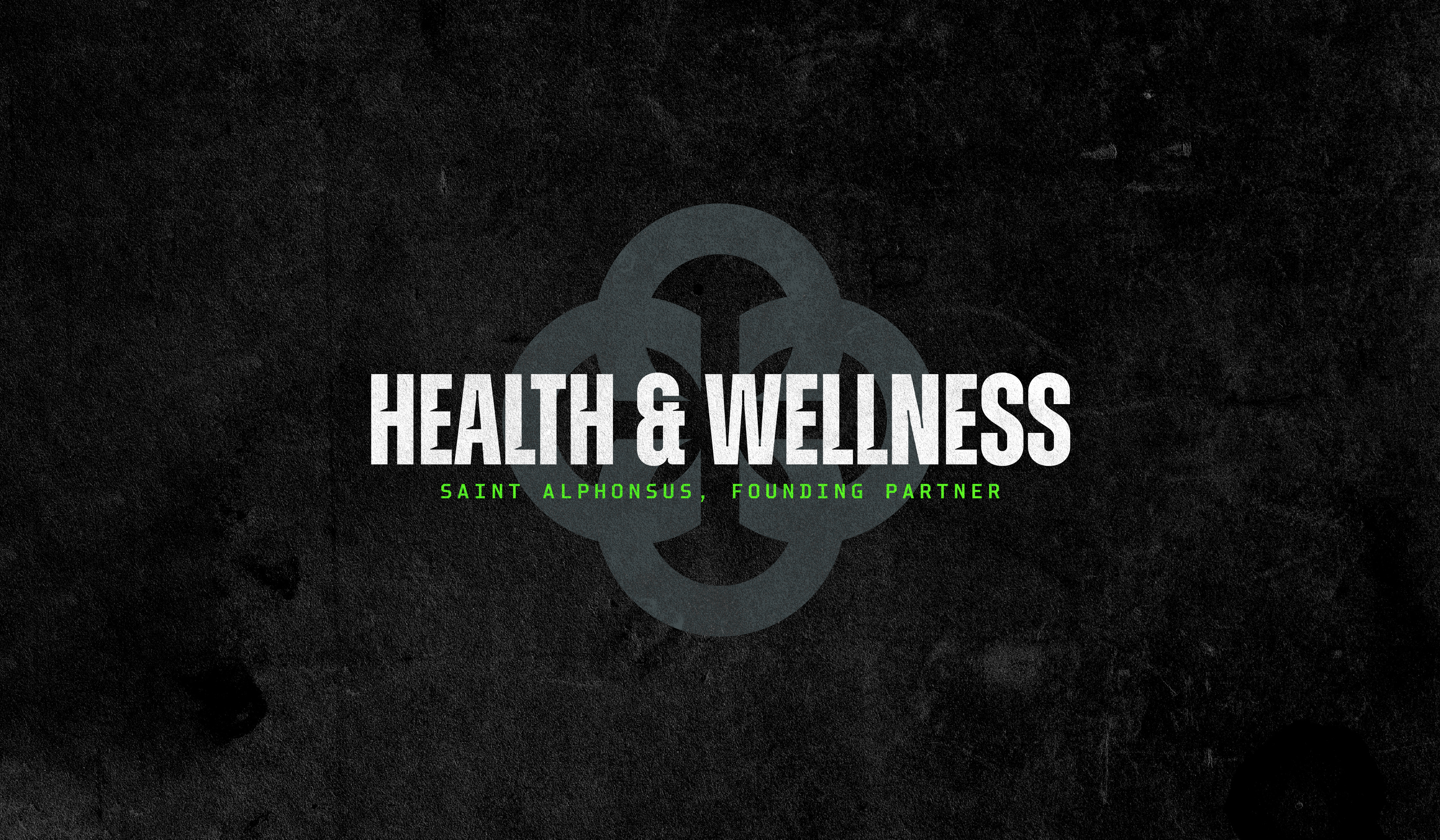 Hero banner showing the words ‘Health & Wellness’ with a large Saint Alphonsus symbol on a textured dark background.
