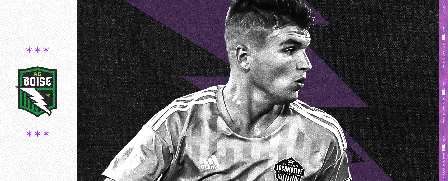 Black and white cutout of Denys Kostyshyn playing in a soccer match in front of Athletic Club Boise branded background