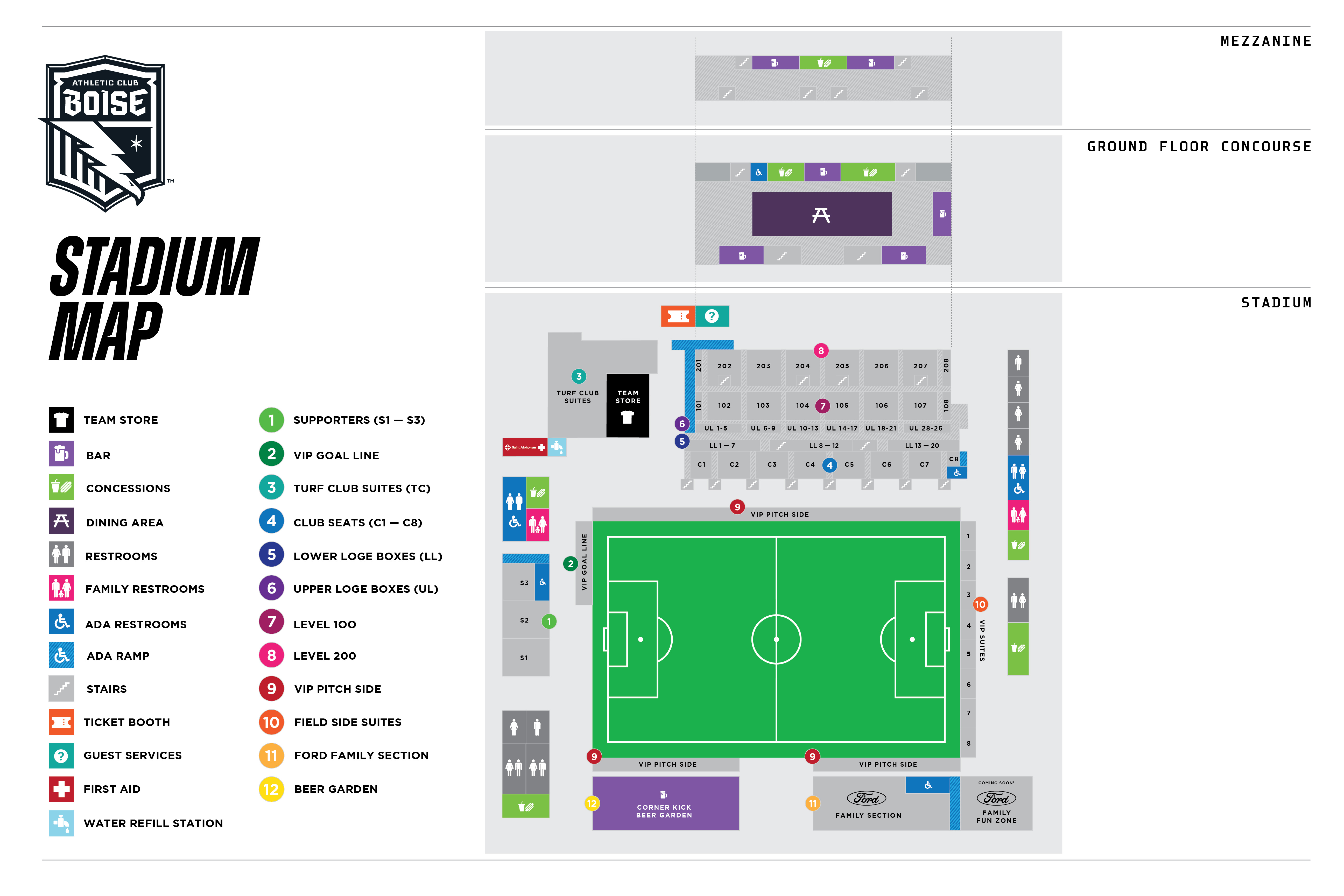 Illustrated map of Athletic Club Boise stadium showing seating sections, supporter areas, VIP zones, concessions, bars, restrooms, ADA access points, and key amenities across the stadium, concourse, and mezzanine levels.