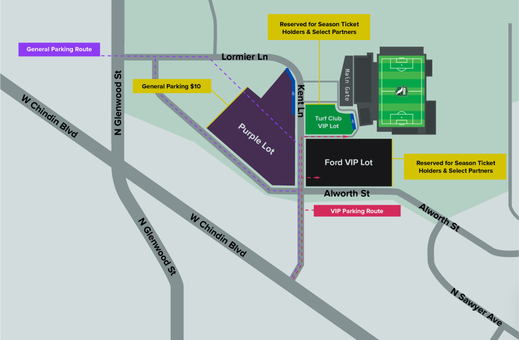 Parking map for Athletic Club Boise showing general parking in the Purple Lot ($10) with access via N Glenwood St and W Chinden Blvd, plus VIP routes to Turf Club and Ford VIP lots near the stadium off Alworth St and Kent Ln.